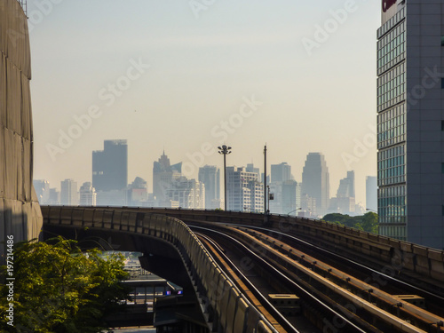 Sky train tracks and skyscrapers in Bangkok, Thailand