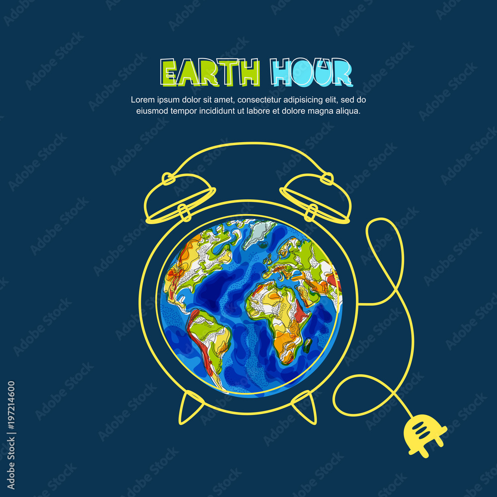 Energy saving and Earth hour concept. Vector doodle hand drawn ...