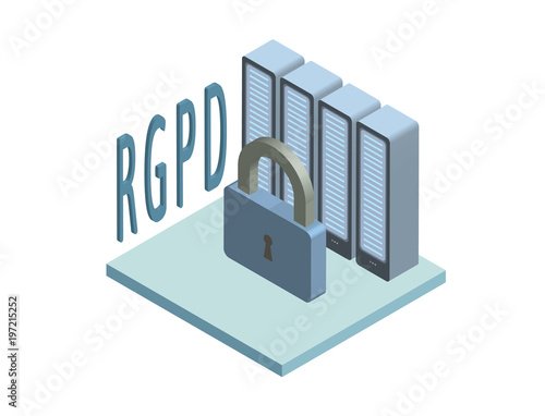 RGPD, Spanish and Italian version version of GDPR: Regolamento generale sulla protezione dei dati. Concept isometric illustration. General Data Protection Regulation. Vector logo, isolated on white.