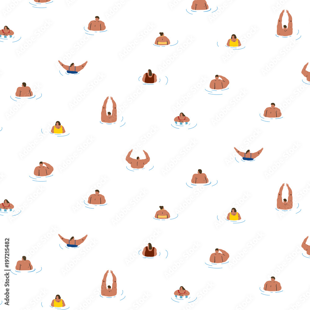 Hand drawn vector illustration of people relaxes in the sea pattern on white background. People swim in a pool.Pattern for textile, fabric,wrapping paper. Hand drawn vector illustration of people relaxes in the sea pattern on white background. People swim in a pool.Pattern for textile, fabric,wrapping paper.