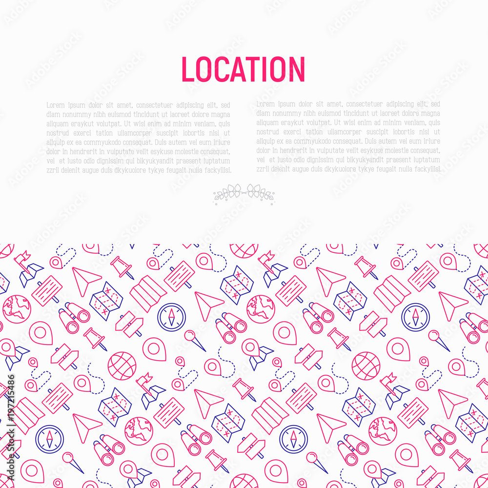 Location concept with thin line icons: pin, pointer, direction, route, compass, wall needle, cursor, navigation, gps, binoculars. Modern vector illustration for banner, web page, print media. Location concept with thin line icons: pin, pointer, direction, route, compass, wall needle, cursor, navigation, gps, binoculars. Modern vector illustration for banner, web page, print media.