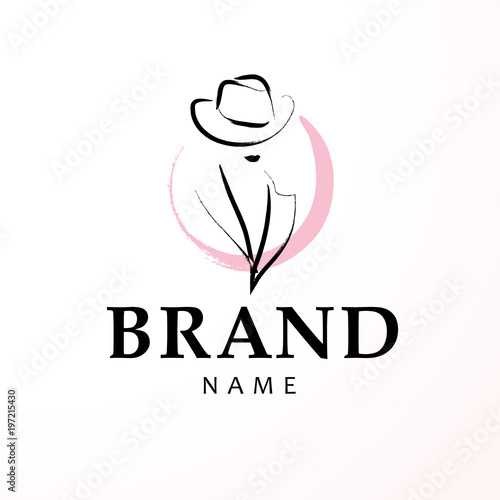 Vector artistic logo with hand drawn lady in hat portrait isolated on white background. Outline drawing. Good for women accessory & cloth boutique, cosmetic shop, girl care salon, fashion store emblem