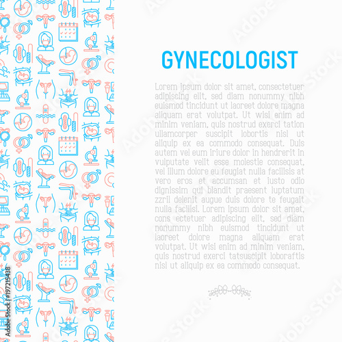 Gynecologist concept with thin line icons: uterus, ovaries, gynecological chair, pregnancy, ultrasound, sanitary napkin, test, embryo, menstruation, ovulation, vaginal expander. Vector illustration.