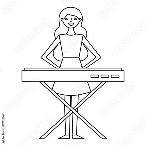 cute cartoon happy woman playing synthesizer vector illustration outline design
