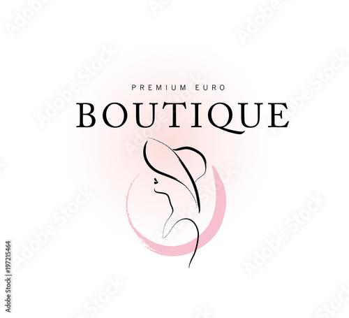 Vector artistic logo with hand drawn lady in hat portrait isolated on white background. Outline drawing. Good for women accessory & cloth boutique, cosmetic shop, girl care salon, fashion store emblem