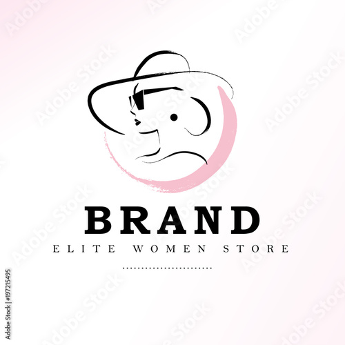 Vector artistic logo with hand drawn lady in hat portrait isolated on white background. Outline drawing. Good for women accessory & cloth boutique, cosmetic shop, girl care salon, fashion store emblem