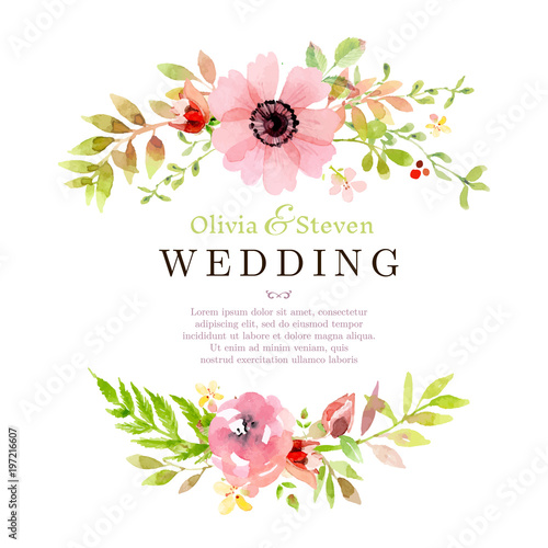 Pink floral frame in watercolor style