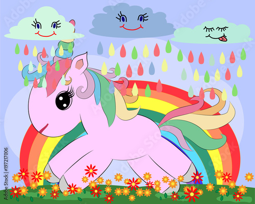 A little pink cute cartoon Unicorn on a clearing with a rainbow, flowers, sun. Postcard, spring, magic