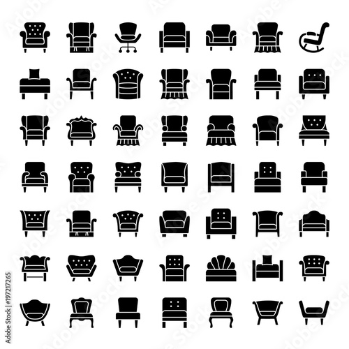 Armchairs, lounges & recliners. Flat icons. Vector illustration.
