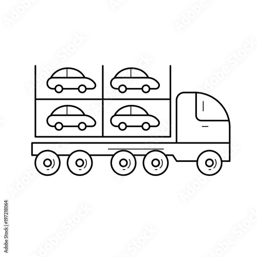Car carrier vector line icon isolated on white background. Transportation of new cars on an auto transport carrier line icon for infographic, website or app.