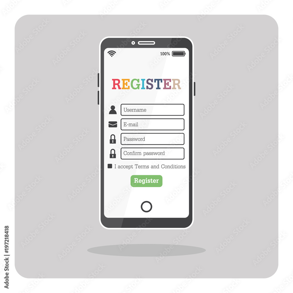 Vector design of flat icon, Mobile phone with register form page on isolated background. Vector design of flat icon, Mobile phone with register form page on isolated background.