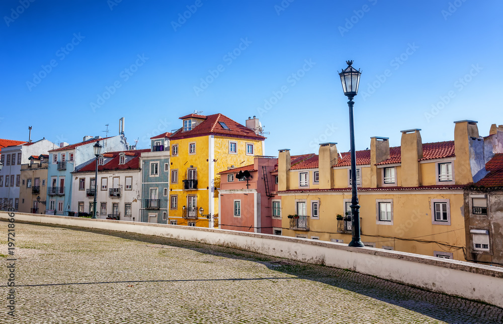 Lisbon, bright cityscape, colorful houses in the Alfama district