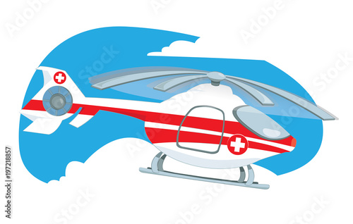 a vector cartoon representing a medical helicopter flying in the sky to rescue someone in need