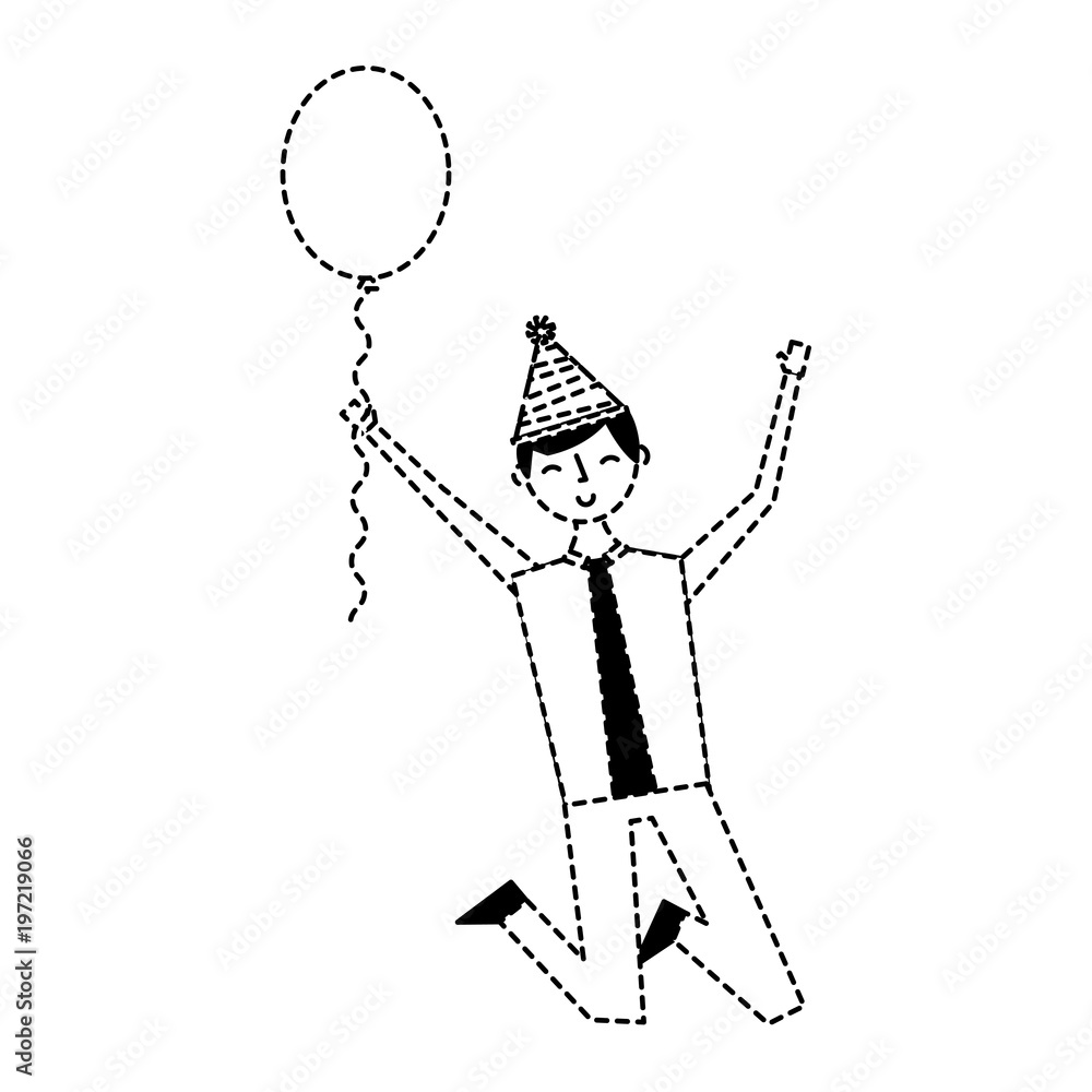 Fototapeta premium jumping young man party hat and balloon celebration vector illustration dotted line