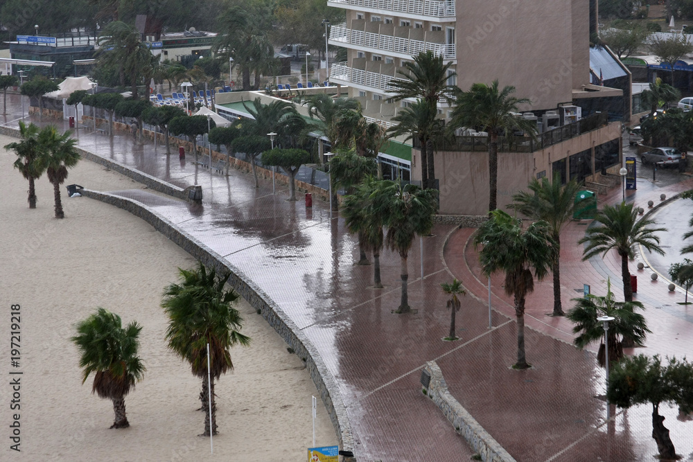 Holiday destination in Majorca with heavy rain.