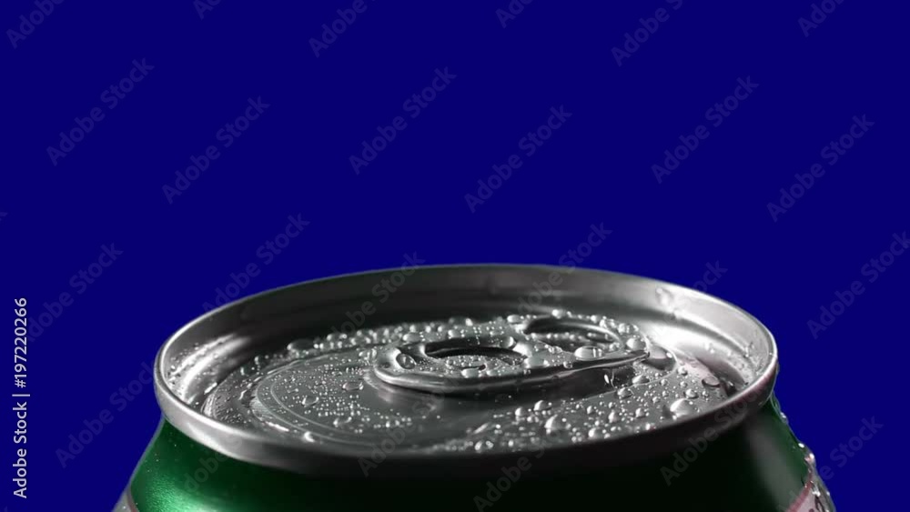 Water droplets on aluminium can of soda or beer.
