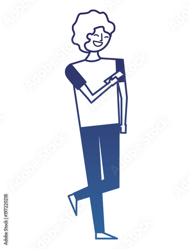 man character standing holding smartphone in hand vector illustration degraded blue