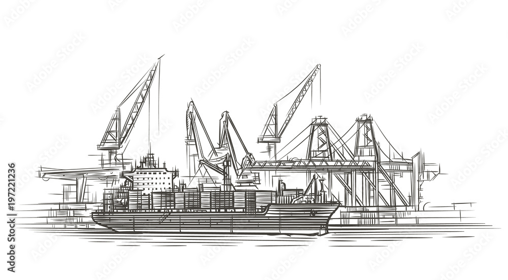 Naklejka premium Tanker ship at port illustration. Vector.