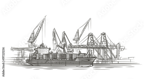 Tanker ship at port illustration. Vector.  photo