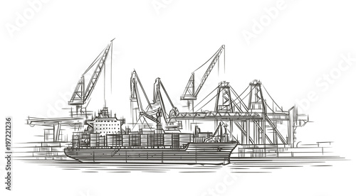 Tanker ship at port illustration. Vector. 