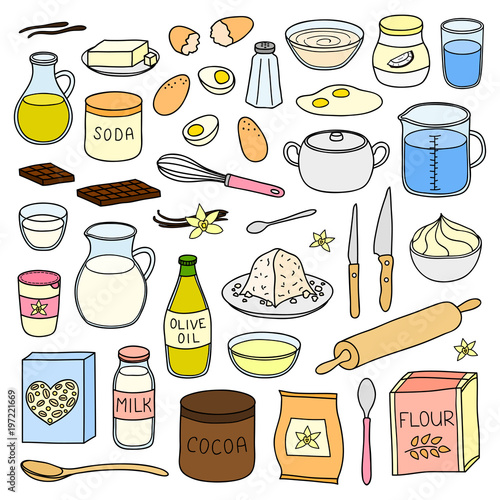 Set of hand drawn cooking, baking ingredients.