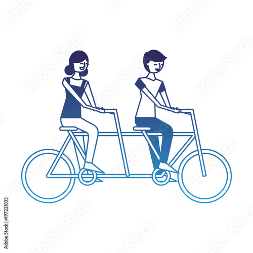 cute happy couple riding in tandem bike recreation vector illustration degraded blue