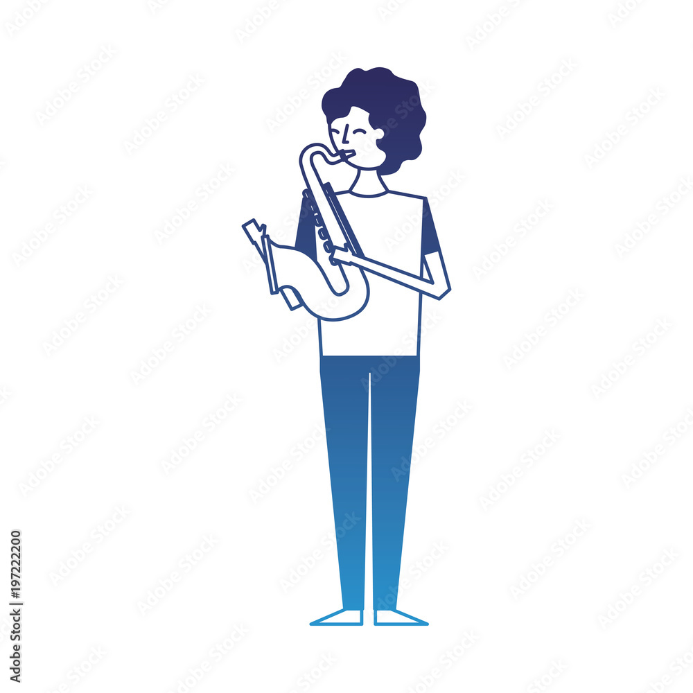 musician young man playing saxophone vector illustration degraded blue musician young man playing saxophone vector illustration degraded blue