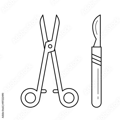 Surgical instruments, scalpel vector line icon isolated on white background. Instruments for surgery, scalpel line icon for infographic, website or app. Icon designed on a grid system.