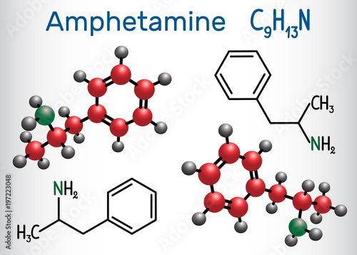 Amfetamine (amphetamine, C9H13N) molecule, is a potent central nervous system (CNS) stimulant. Structural chemical formula and molecule model