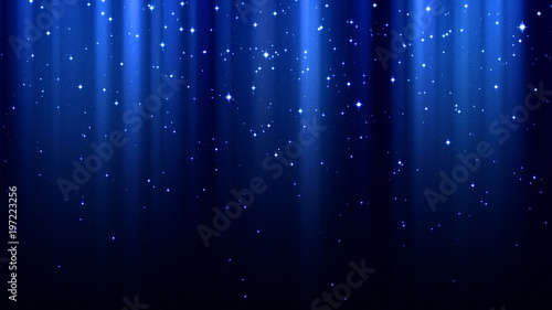 Blue abstract background with rays of light, sparkles, northern lights, night starry sky