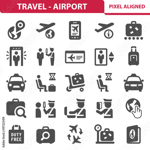 Travel & Airport Icons. Professional, pixel perfect icons depicting various travel and airport concepts. EPS 8 format.