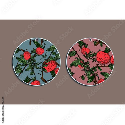 Set of summer round gift tags with pomegranate.