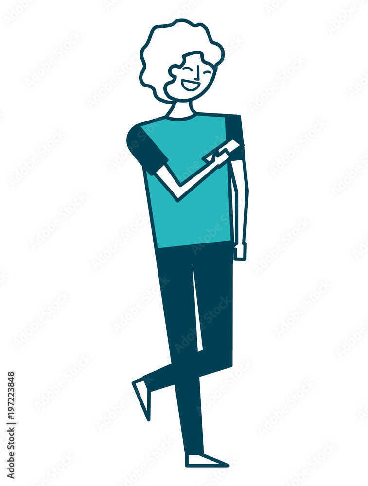 man character standing holding smartphone in hand vector illustration green design