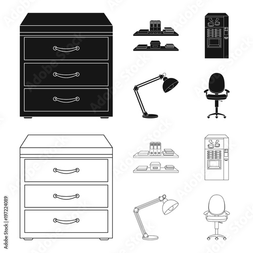 Shelves, folders and notebooks with business records, a coffee machine with cups, an armchair with a backrest on wheels, a desk lamp. Office Furniture set collection icons in black,outline style