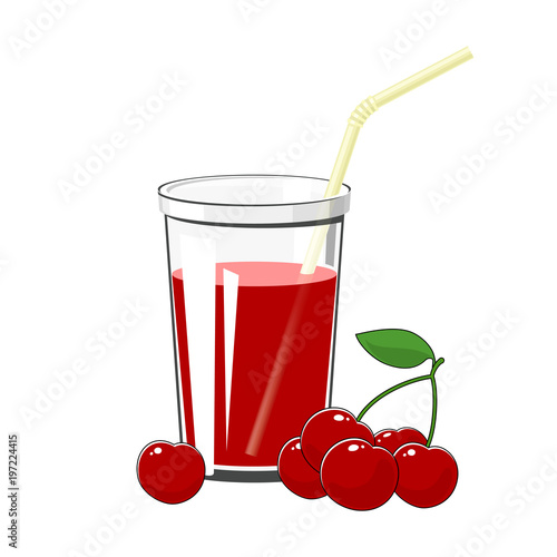 Glass of Fresh Fruity Berry Juice of Cherry and a Straw Isolated on White Background , Summer Refreshing Drink, Vector Illustration