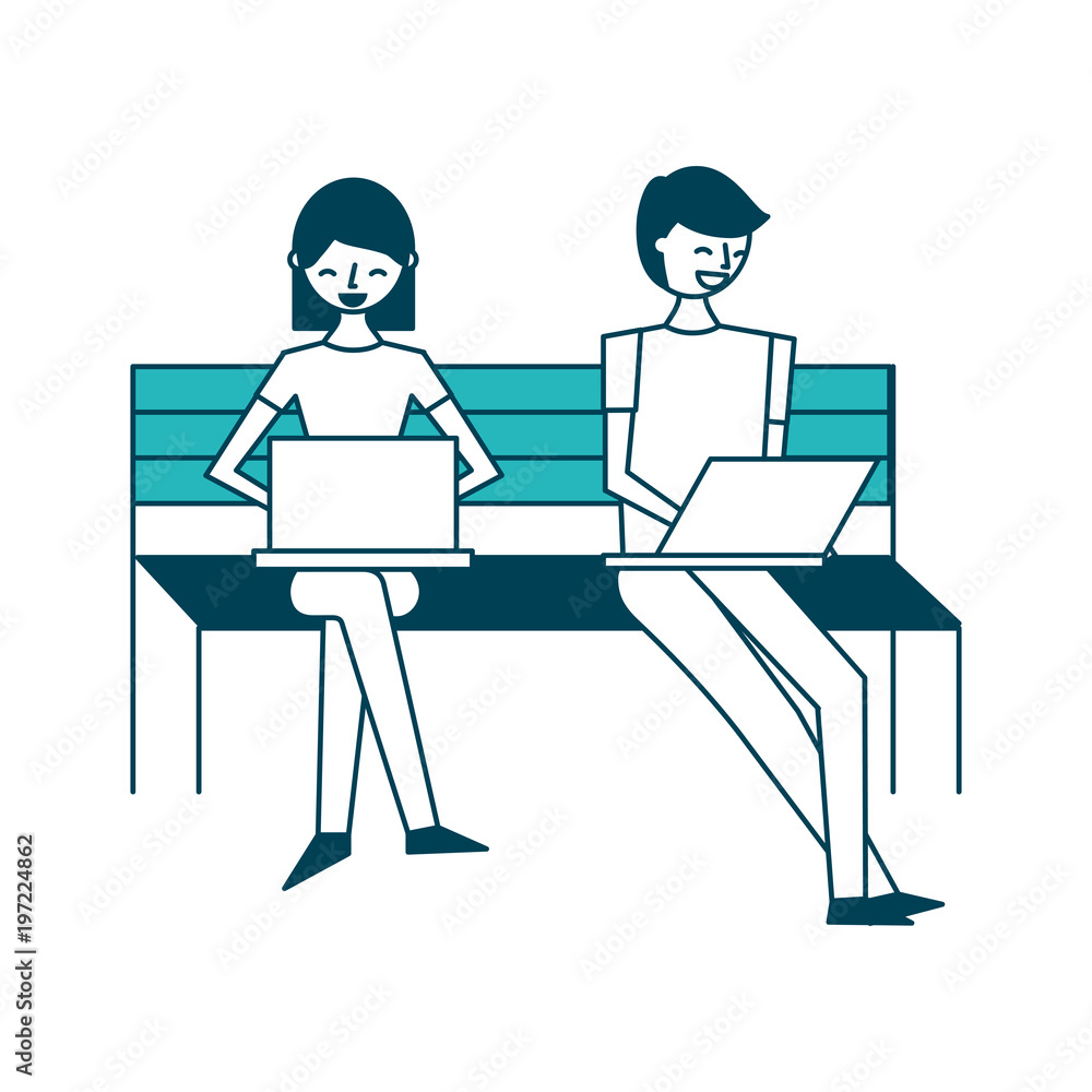 young woman and man sitting on the bench with their laptop vector illustration green design young woman and man sitting on the bench with their laptop vector illustration green design