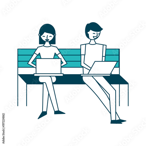 young woman and man sitting on the bench with their laptop vector illustration green design