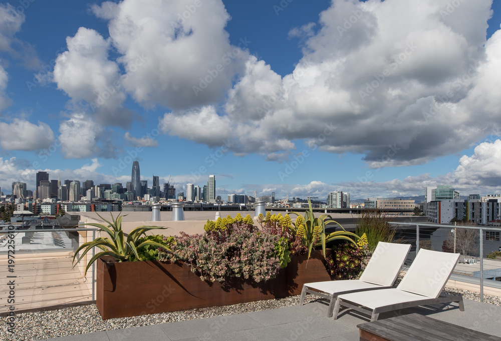 Fototapeta premium Lounge chairs with San Francisco skyline view