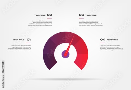 Speedometer infographics with circle. Element of chart, graph, diagram with 4 options - parts, processes, timeline. Vector business template for presentation, workflow layout, annual report photo
