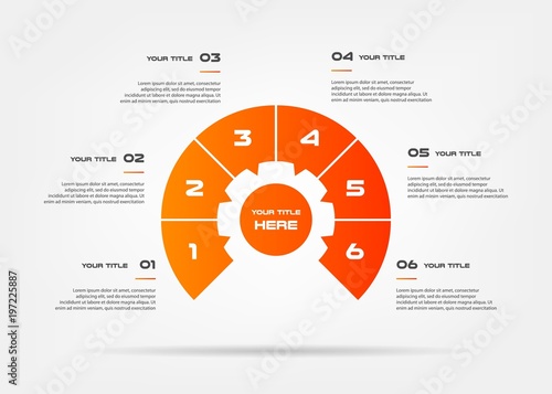 Chart of percentage infographics. Element of graph, diagram with 6 options - parts, processes, timeline. Vector business template for presentation, workflow layout, annual report.