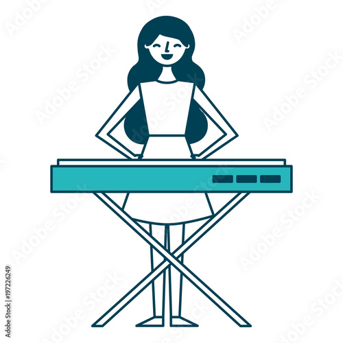cute cartoon happy woman playing synthesizer vector illustration green design