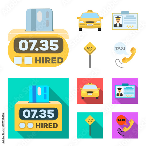 The counter of the fare in the taxi, the taxi car, the driver badge, the parking lot of the car. Taxi set collection icons in cartoon,flat style vector symbol stock illustration web.
