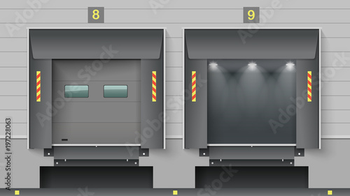 The cargo gate of a warehouse or a logistics center. Unloading ramp trucks. Vector graphics.