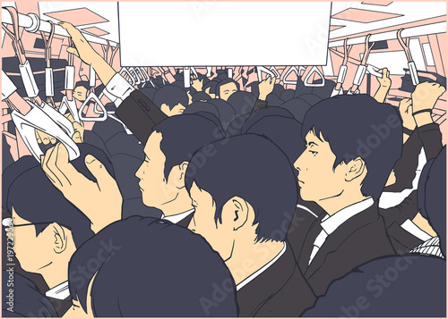 Illustration of crowded metro, subway cart in rush hour