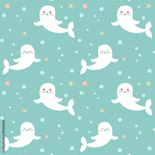cute cartoon seals in the sea seamless vector pattern background illustration