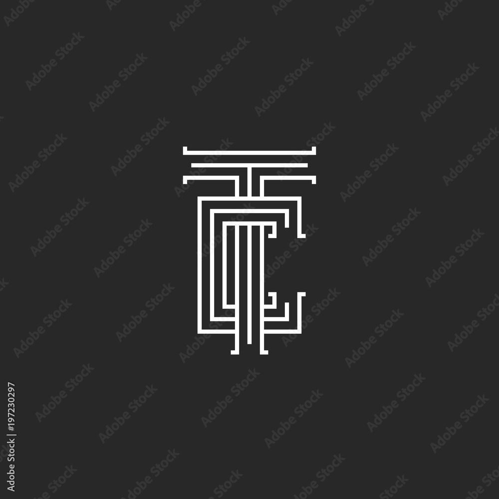 TC letters logo medieval monogram, parallel lines linear art CT symbol, two letters T and C marks, wedding initials TC letters logo medieval monogram, parallel lines linear art CT symbol, two letters T and C marks, wedding initials