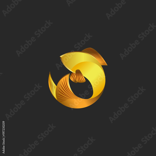 Gold fish logo in the shape of a circle, the abstract goldfish silhouette of an animal from a golden gradient