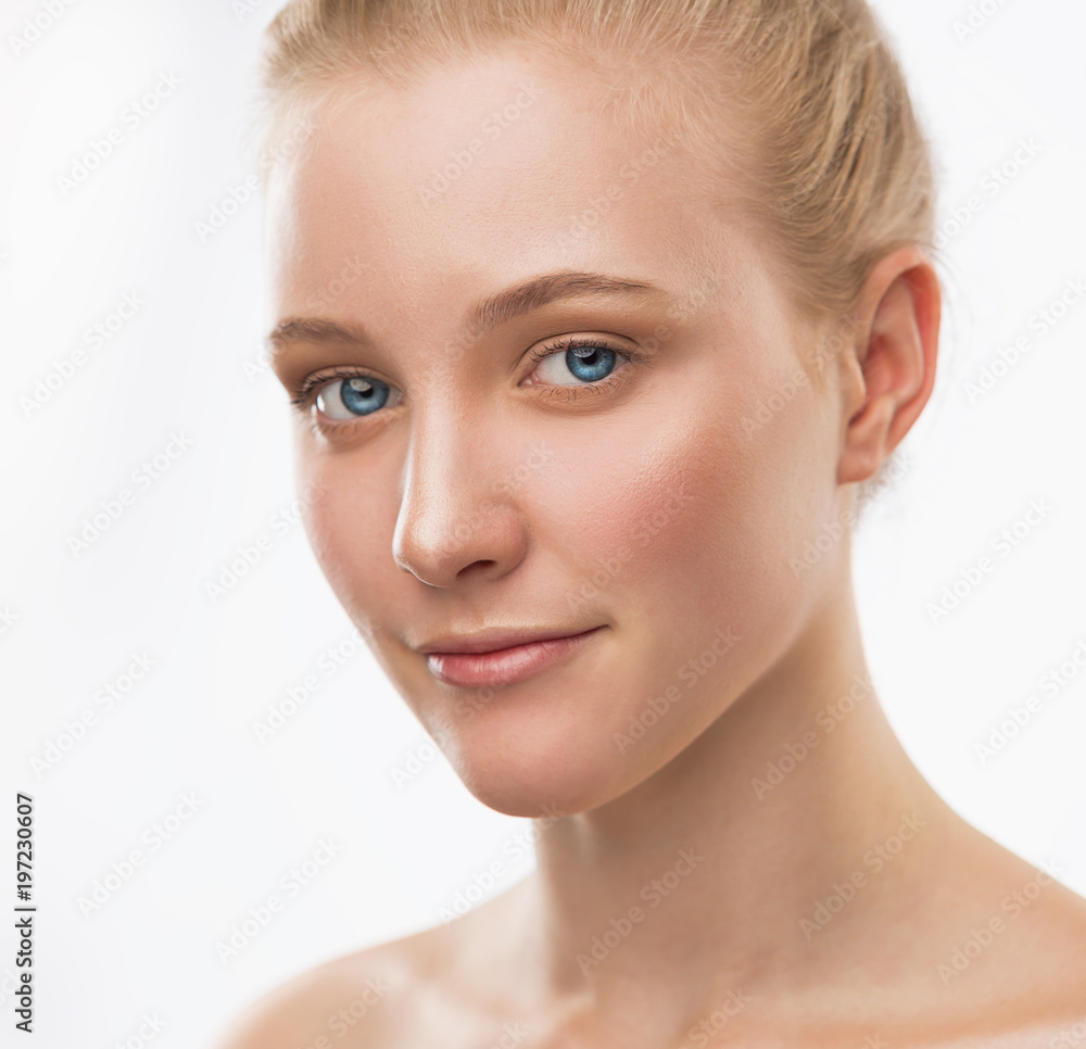 Face, serious, blue lenses, close up, white background Face, serious, blue lenses, close up, white background