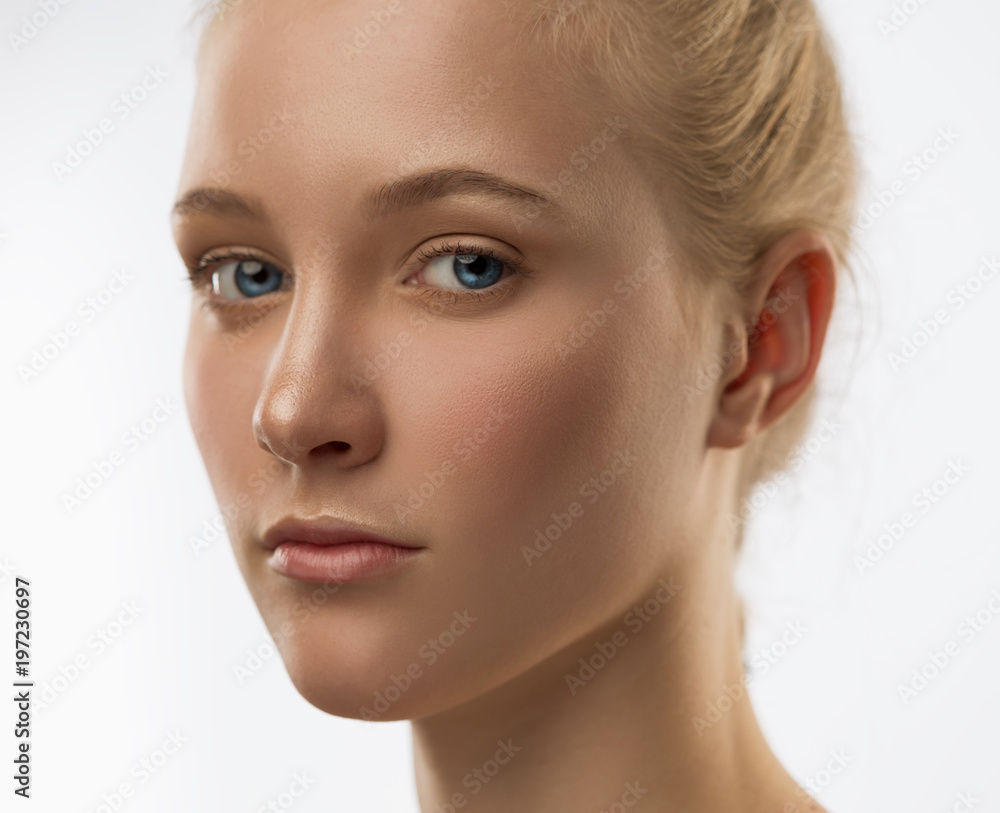 Face, serious, blue lenses, close up, white background Face, serious, blue lenses, close up, white background