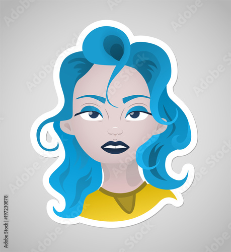 Colorful illustration of girl in modern flat style with curly blue hair, dark blue lipstick